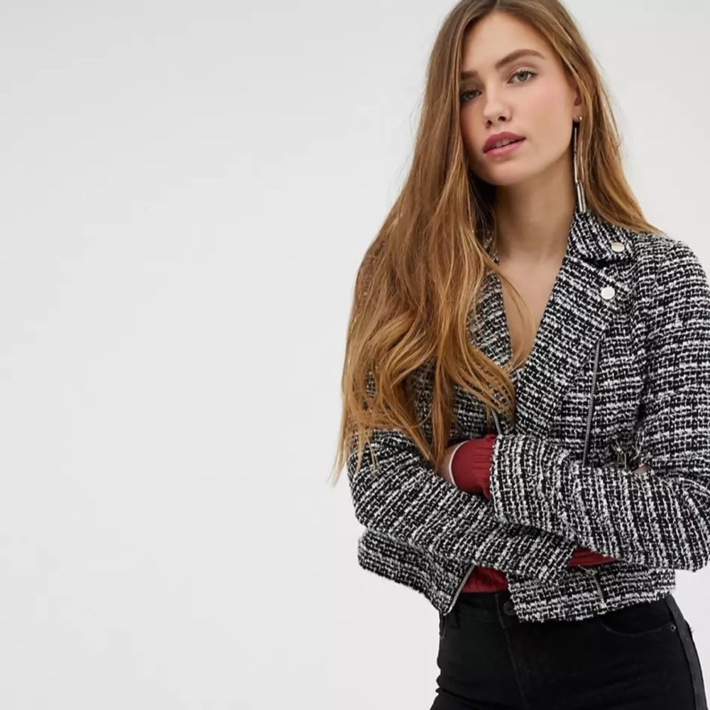 ASOS Miss Selfridge boucle biker jacket in black